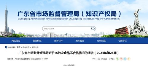 廣東省市場(chǎng)監(jiān)督管理局關(guān)于15批次食品不合格情況的通告（2024年第25期）